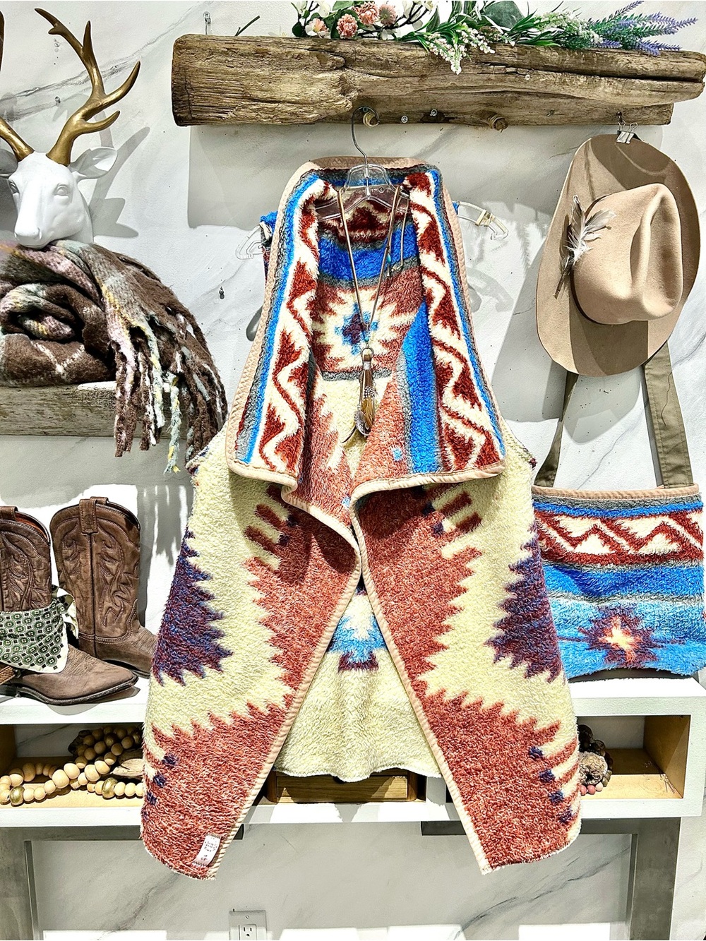 Native Aztec Southwestern reversible TEDDY boho vest country farmhouse vibe